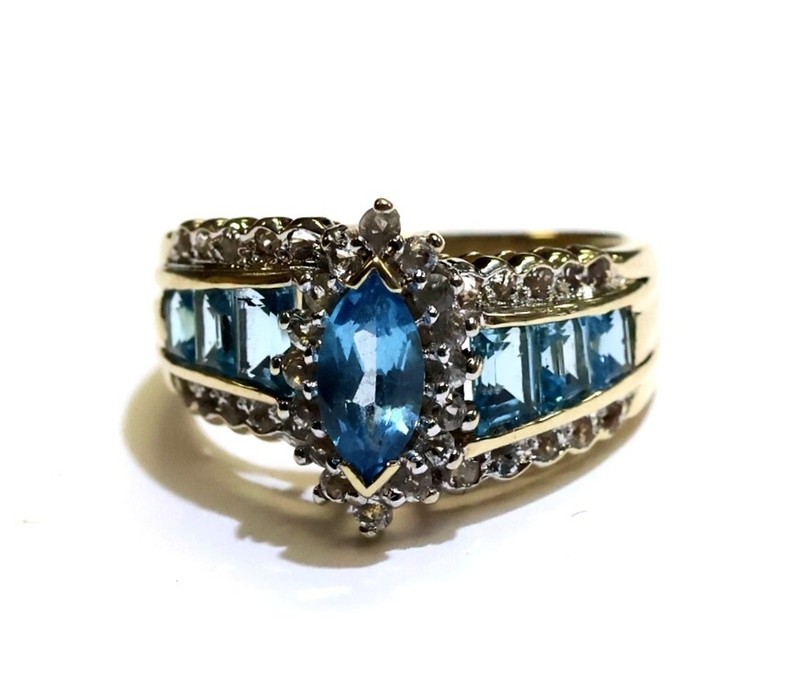 10k yellow gold blue + white topaz gemstone ring 5.0g rare vintage antique 7