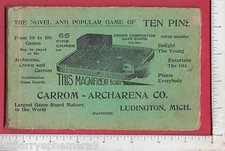 8279 Carrom Archarena Co 1910 Ten Pin board game instruction cards Ludington MI