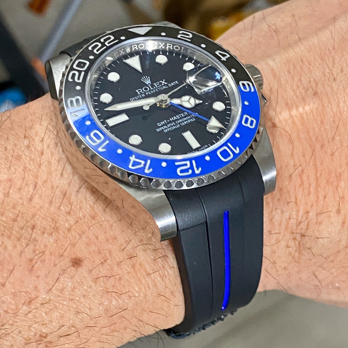 20mm BLACK Vulcanized Rubber Strap GMT BLUE stripe Rolex Watches