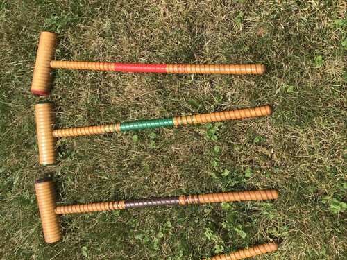 Vintage WOOD CROQUET SET w CADDY metal carrier stand rack rolling lawn game 60s - Picture 11 of 12