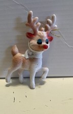 Vtg Flocked Reindeer w Red Nose  Scarf Christmas Ornaments Retro MCM VGC