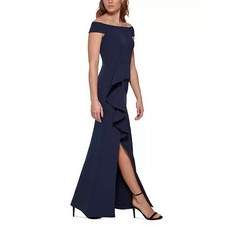 Vince Camuto Women's Navy Blue Off-The-Shoulder Lined Draped Column Gown Size 4