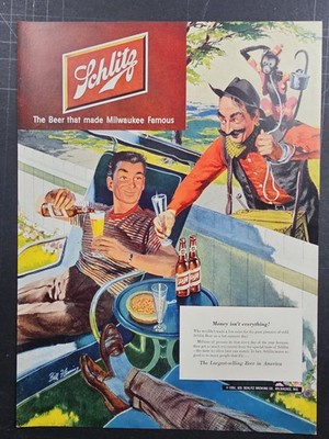 1951 full page magazine ad for Schlitz features organ grinder and monkey