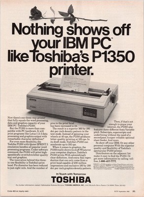 Toshiba P1350 Printer Vintage Print Ad IBM PC 1983 Black White