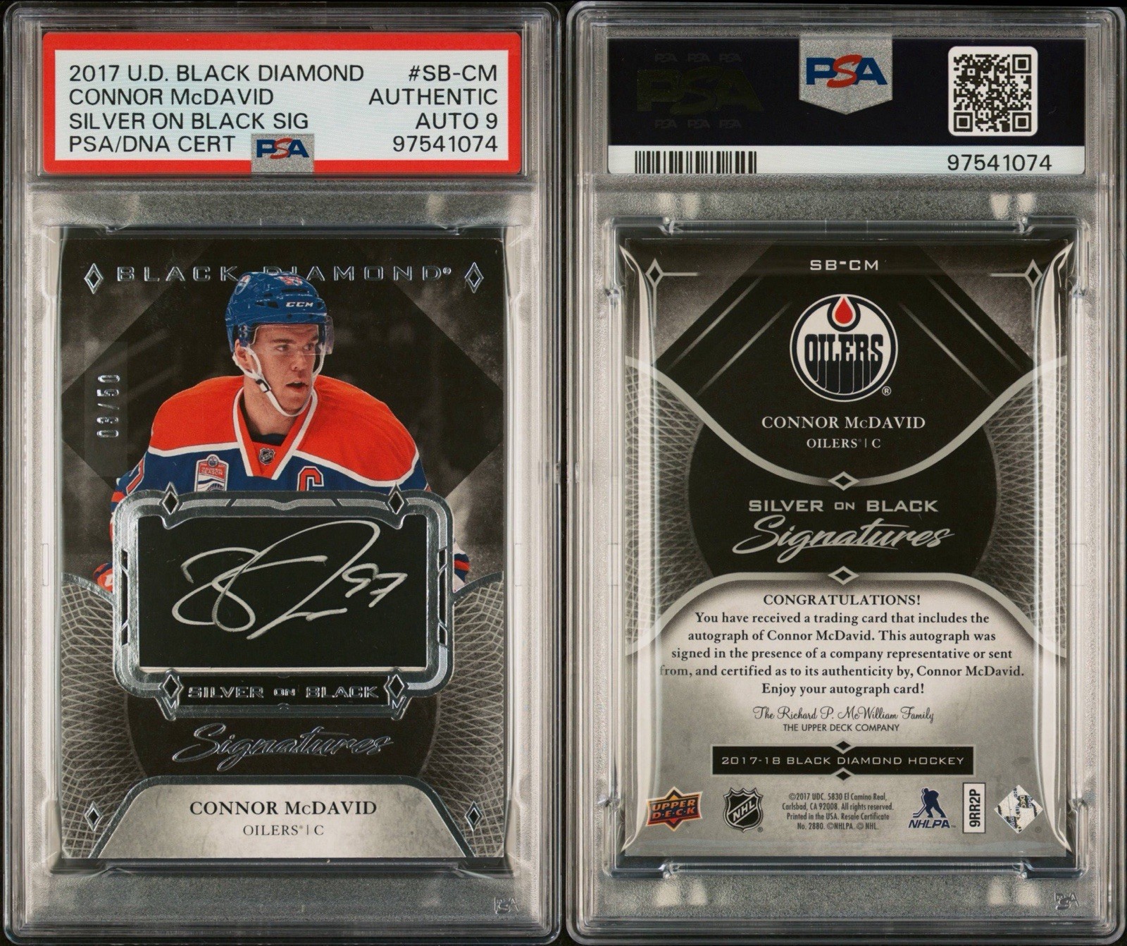 2017 UPPER DECK BLACK DIAMOND SILVER ON BLACK SIGNATURES CONNOR McDAVID /50 PSA9 view 1