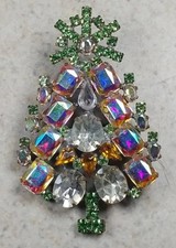 VINTAGE CHRISTMAS TREE PIN BROOCH SIGNED HUSAR D CZECH GLASS RHINESTONES #3