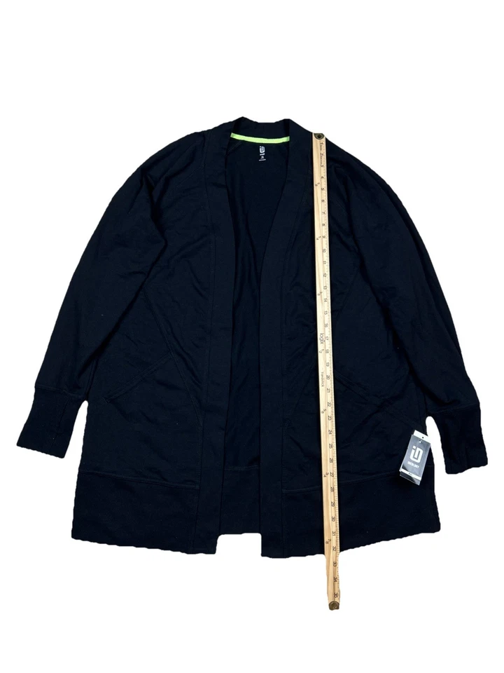 Cárdigan suéter negro ID Ideology para mujer talla grande 1X cómodo flujo frente abierto Foto 2 de 4