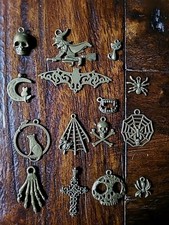 15 Halloween Charms Antique Bronze Tone Bat Pendants Bat Cat Skull Witch Mix