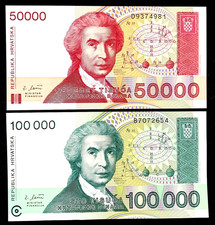 1993 CROATIA - 50000, 100000 DINARA - P#26, 27 - UNC - EU1