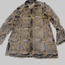 Chico  s Travelers Black Mesh Jacket Size 2 L  Gold Embroidery Button Closure