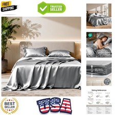Satin Queen Sheets Set - 4 Piece Dark Grey Silky Bed Sheets with Deep Pocket,...