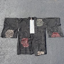 Japanese Silk Kimono Jacket Vintage Traditional Robe Black Floral