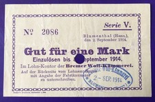 Hannover Blumenthal Bremer Woll-K&auml;mmerei 1 Mark 2.9. - 8.9.1914 Lochentwertung