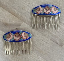 Vintage Cloisonn  Floral Hair Combs Blue With Red Roses Set Of 2