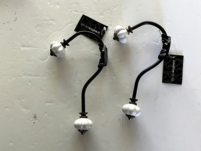 2 Creative Co-Op Vintage Style Wall Hooks Black Iron/Ceramic White
