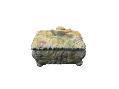 Vintage 1950's Hand Painted Betson Porcelain Vanity Box with Bird & Raised Fruit