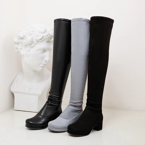 Womens Over Knee Thigh High Boots Stretch Chunky Heels Round Toe Platform Shoes - Picture 9 of 19
