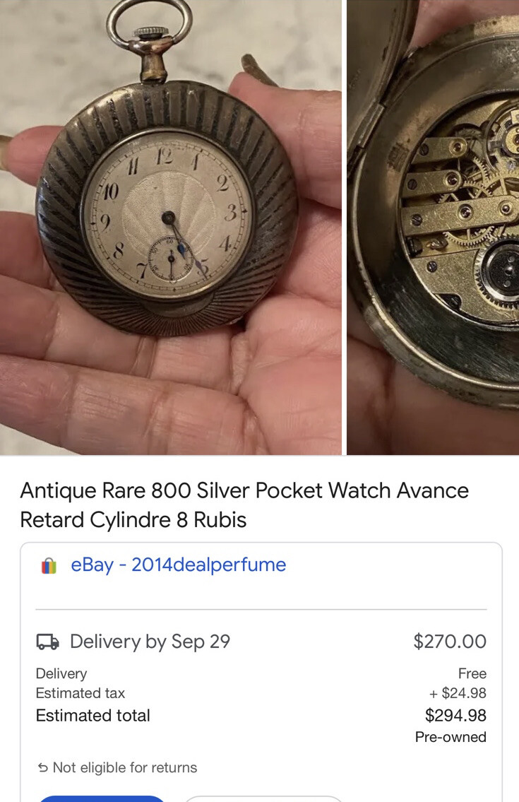 Antique Pocket Watch 800 Silver Avance retard Cylindre 10 Rubis