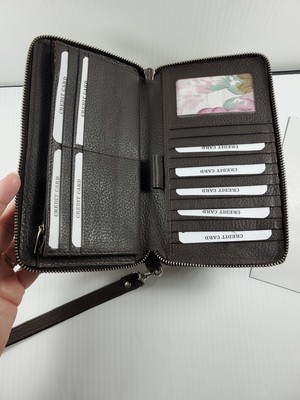 Estalon Women's Pebble Grain Leather RFID Wallet Wristlet Brown New