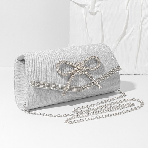 Women Evening Bag Bow Clutch Purse Glitter Rhinestone Bag Party Purse (Silver) A - Picture 4 of 10