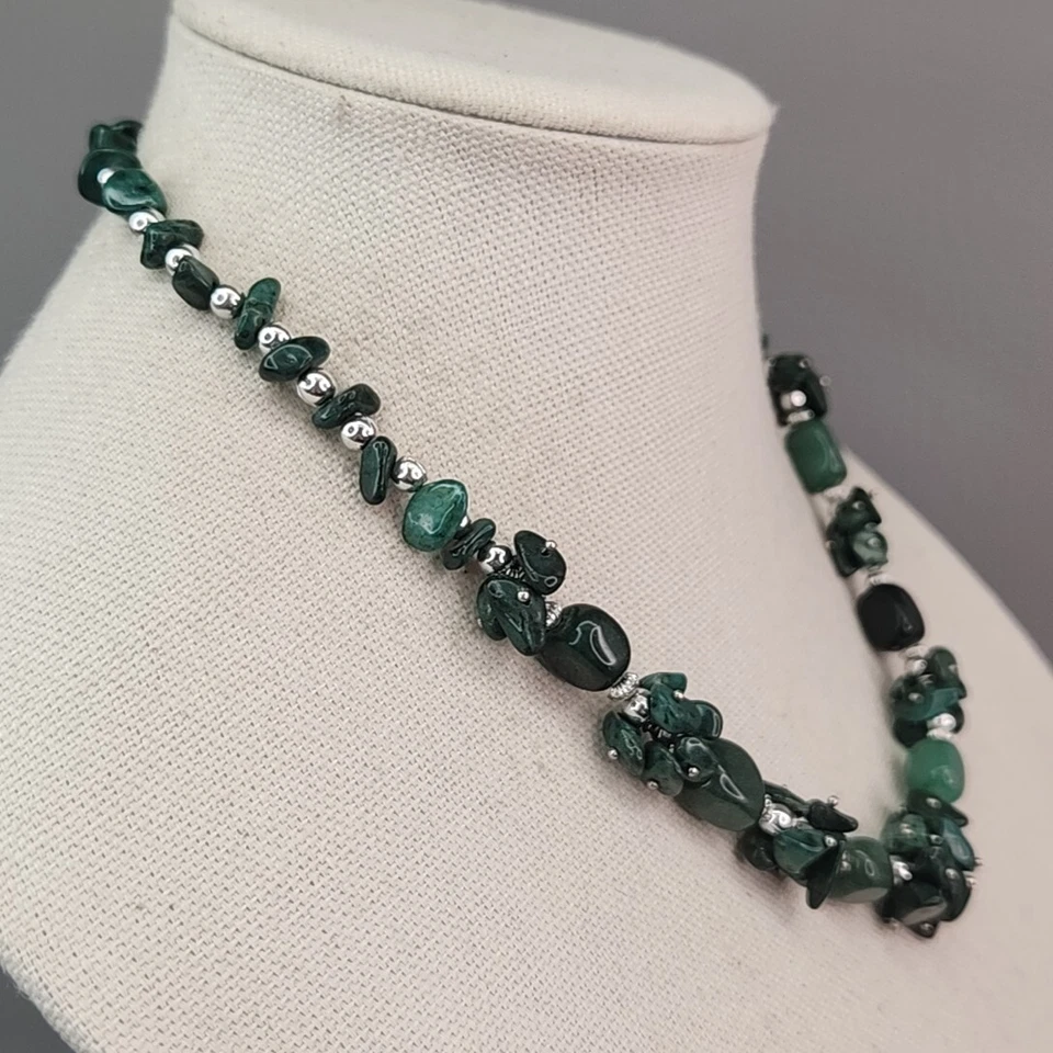 Aventurine Stone Necklace Green Beaded Silver Tone Chain Jewelry 19-20" - Image 3 of 4