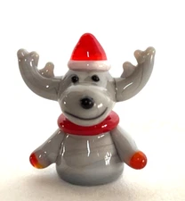 Miniature Glass Gray MOOSE Figurine with Red Hat Scarf & Mittens 1"H x 1"W