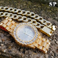 MEN'S ICED HIP HOP GOLD PT WATCH  FULL ICED CUBAN CHAIN NECKLACE COMBO SET