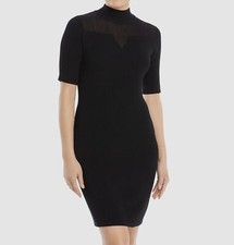 $98 T Tahari Black Mock Neck Sheer Yoke Ribbed Sweater Dress Size L