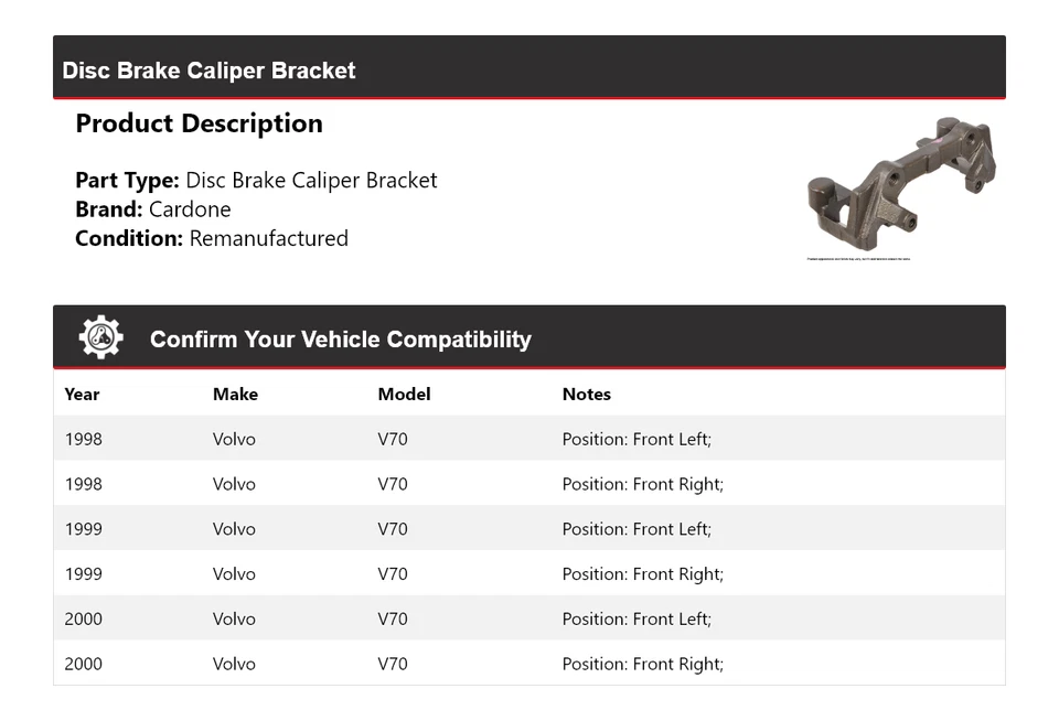 For 1998-2000 Volvo V70 Disc Brake Caliper Bracket Cardone 1999 - Image 2 of 4