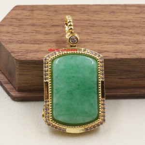 Authentic Gold Plated Alloy Heated Green Jade Rectangle Pendant Best Gift 36mm H