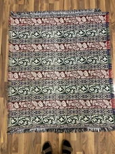 Vintage Woven Hawaiian Floral Striped Throw Blanket Fringed Reversible 46"x53"
