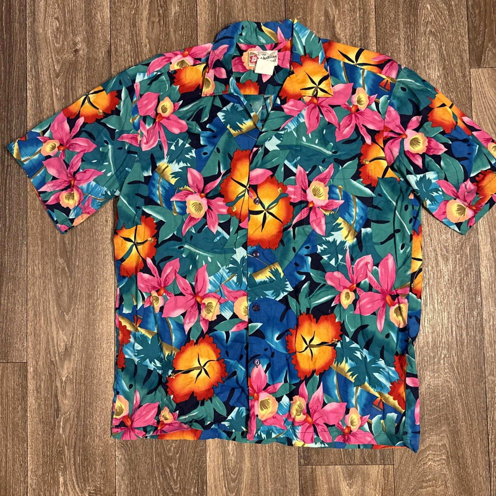 Vintage Hilo Hattie's Hawaiian Floral Short Sleeve Button-Up Shirt Blue Size L