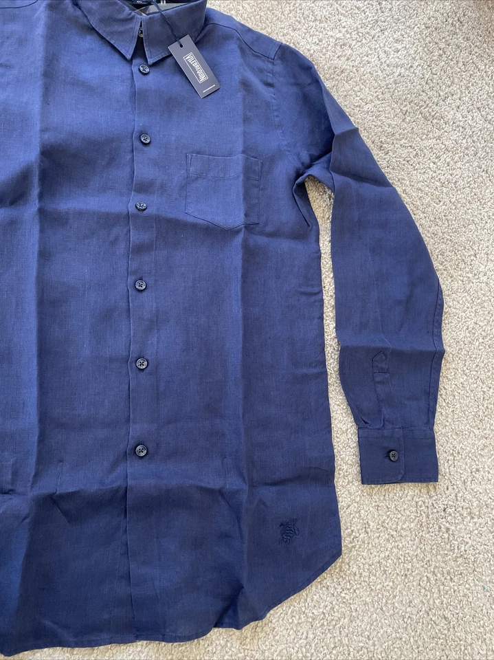 Camisa Vilebrequin Auténtica Manga Larga Nueva con Etiquetas -100% Lino - NIÑOS - 10 Años - AZUL Foto 3 de 4