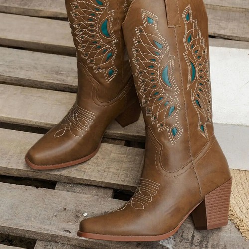2024 Cowboy Boots Cool Cowgirl Boot Women Pointed Mid-Calf Boots Chunky Heels - Picture 6 of 7