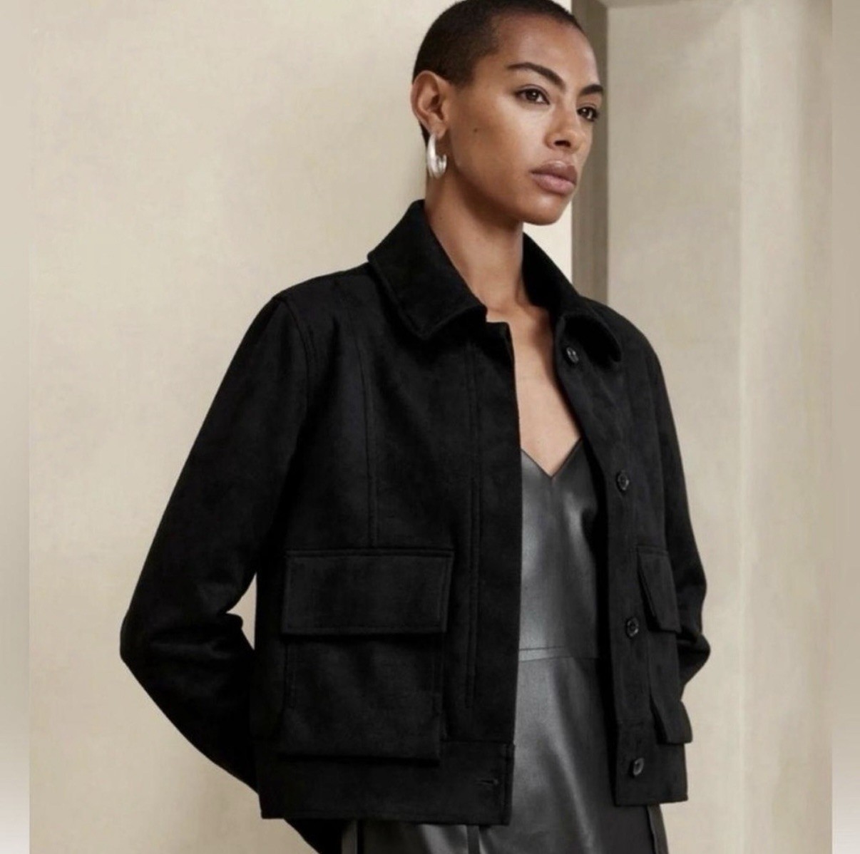 Banana Republic Vegan Suede Utility Jacket Black Women’s Size Large