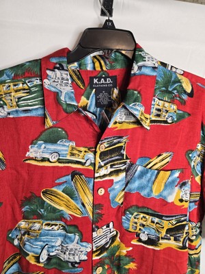 New K.A.D. Hawaiian Shirt Mens Medium Antique Cars Red NWT