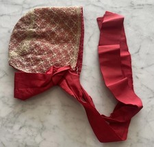 Antique Victorian Lace And Silk Poke Style Baby Doll Bonnet Red With Cream Lace