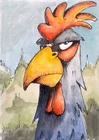 Original ACEO painting cartoon Chicken/Rooster,  watercolor ink  2.5inx3.5in