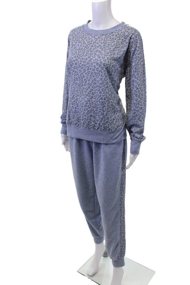 Espléndido conjunto de pantalones deportivos sudadera cuello redondo estampado animal para mujer azul talla M Foto 3 de 4