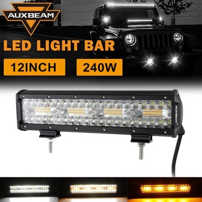 AUXBEAM 12'' 240W LED Light Bar Amber+White Strobe Flash 6 Modes Spot Beam Lamp