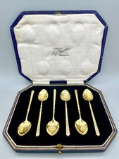 CASED SET OF 6 ART DECO SILVER GILT COFFEE SPOONS, WILLIAM SUCKLING, B'HAM, 1937