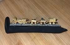 Vintage Railroad Art Pewter Gold Metal Train On A Railroad Spike