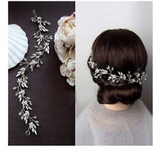 Silver Leaf Wedding Hair Vine, Flower, Crystal, Rhinestone, Long Headband