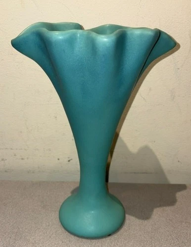 1920s Van Briggle Pottery Turquoise Blue Ming Ruffled Vase 11"
