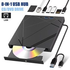 8-in-1 External CD/DVD Drive USB3.0 Type-C CD/DVD RW Optical Drive with Lan Port