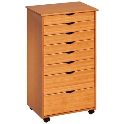 Jela-USA Roll Cart Pine Brown Wood 8-Drawer Wide Solid Wood Rolling Casters