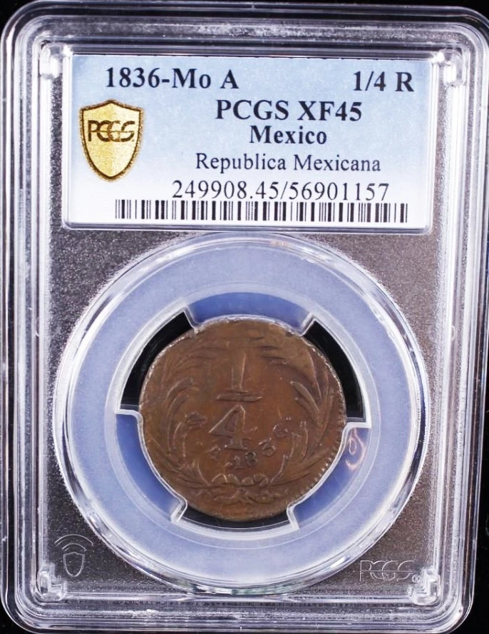 Mexico State Coppers 1/4 Real Mo 1836, PCGS XF45. KM# 358. - Image 2 of 2