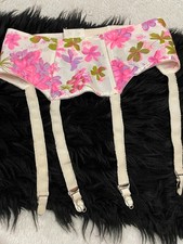 Vintage Warner's VIVD FLORAL Garter Belt SILKY NYLON Size 26 Pink Purple Green