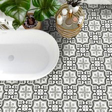 Grey and White Sheet Vinyl Flooring Roll Felt Back Moroccan Tile Effect Pattern
