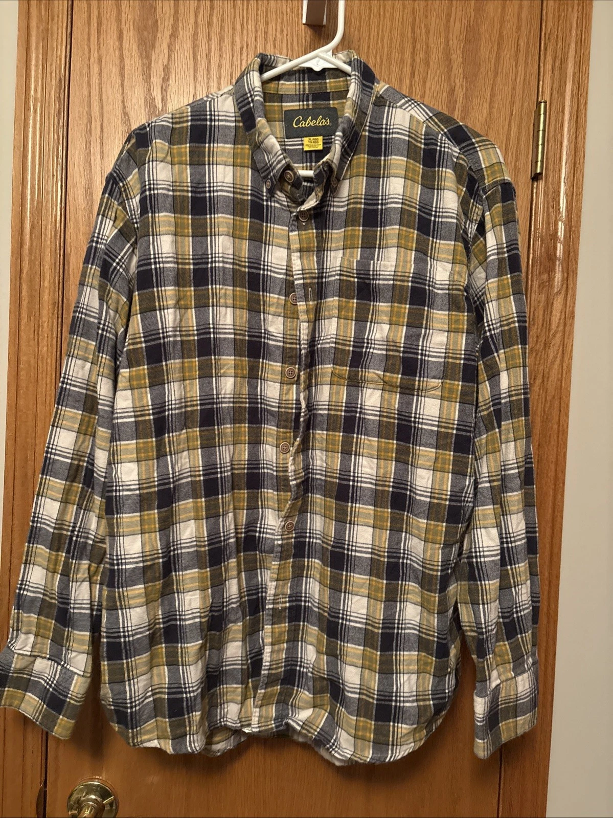 Cabelas Flannel Plaid Long Sleeve Button Down Shirt Grunge Yellow Blue Size XL
